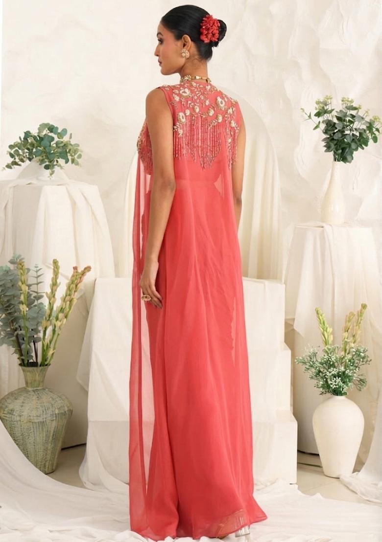 Peach Georgette Handwork Fusion Set - Indya