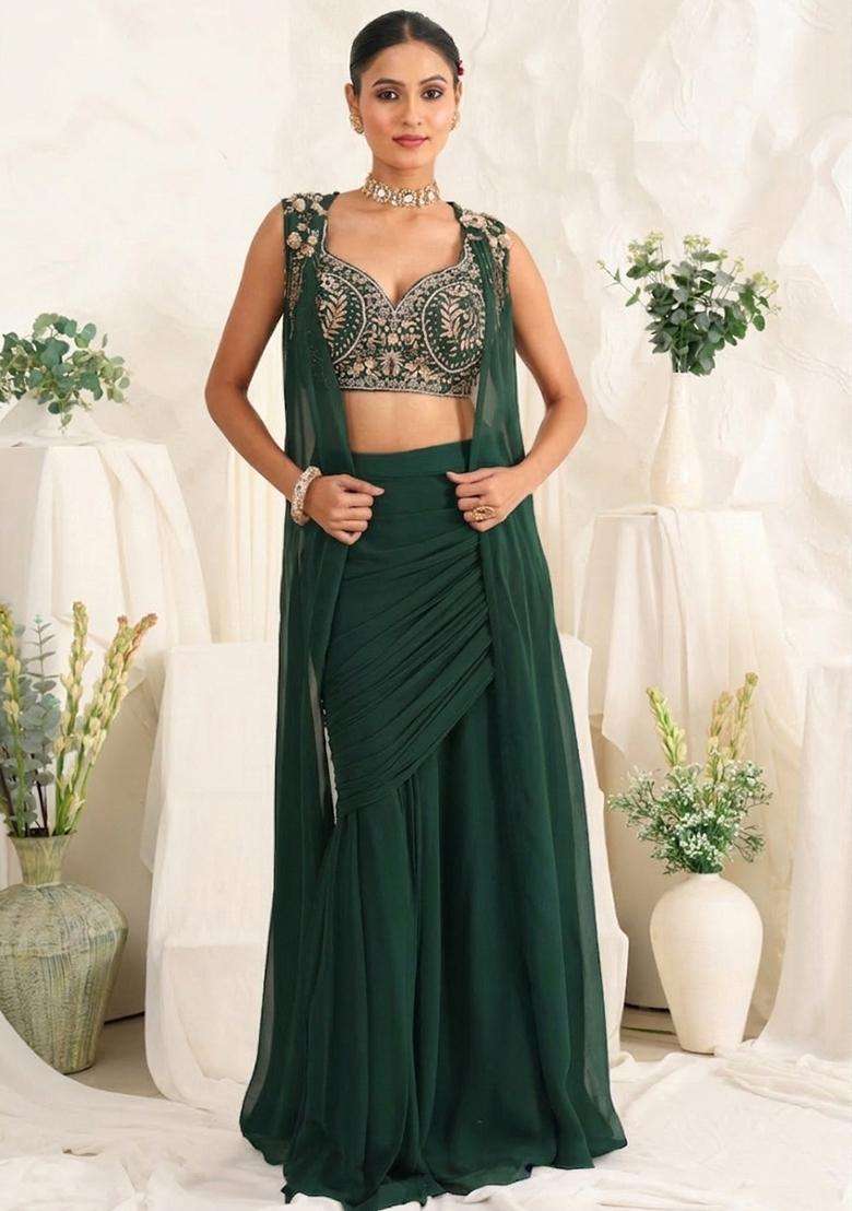 Forest Green Georgette Handwork Fusion Set - Indya