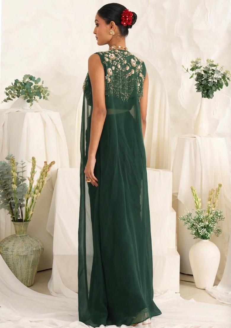 Forest Green Georgette Handwork Fusion Set - Indya