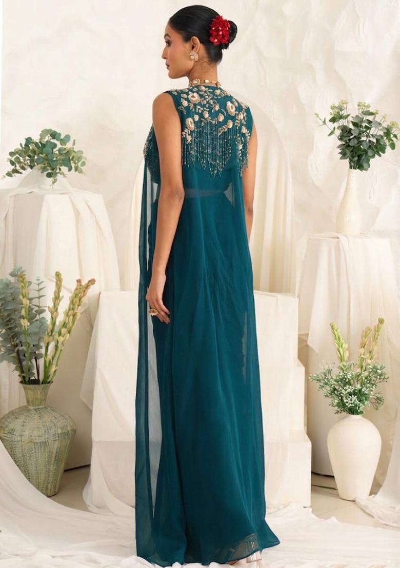 Deep Teal Blue Georgette Handwork Fusion Set - Indya