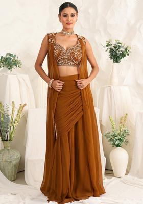 Olive Brown Georgette Handwork Fusion Set