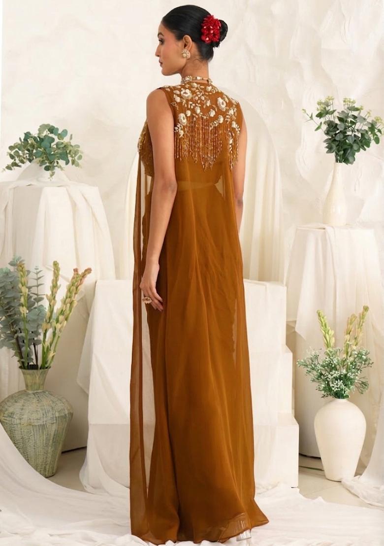 Olive Brown Georgette Handwork Fusion Set - Indya