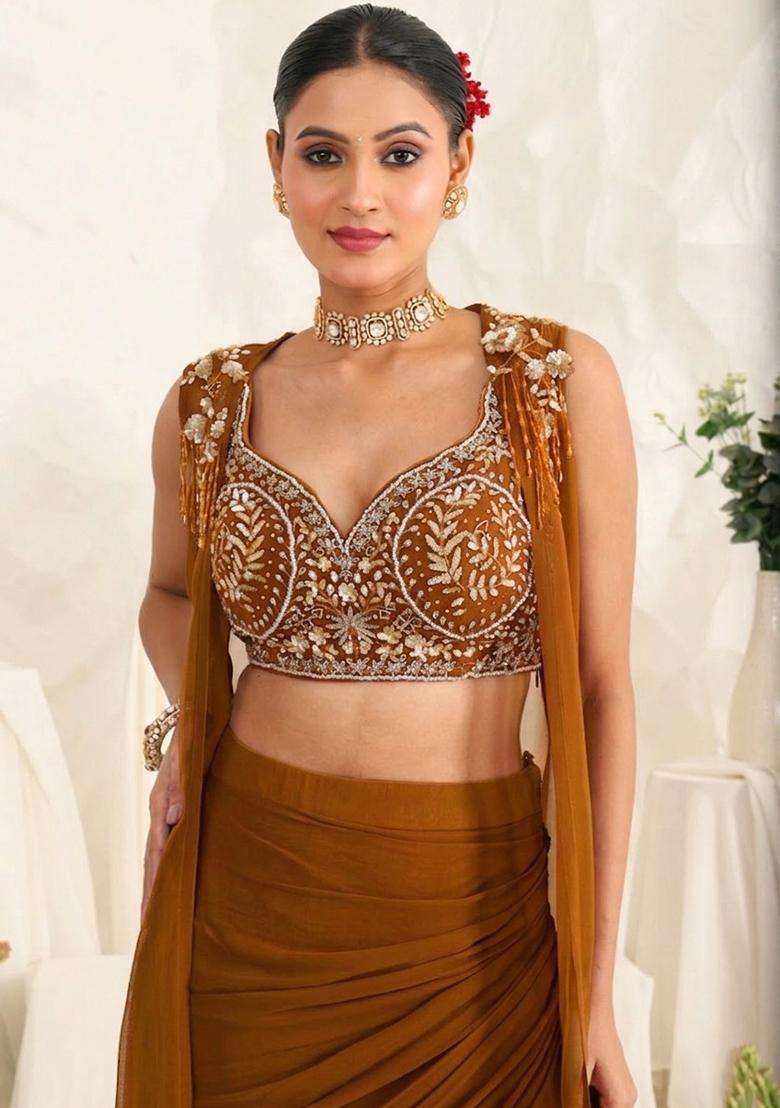 Olive Brown Georgette Handwork Fusion Set - Indya