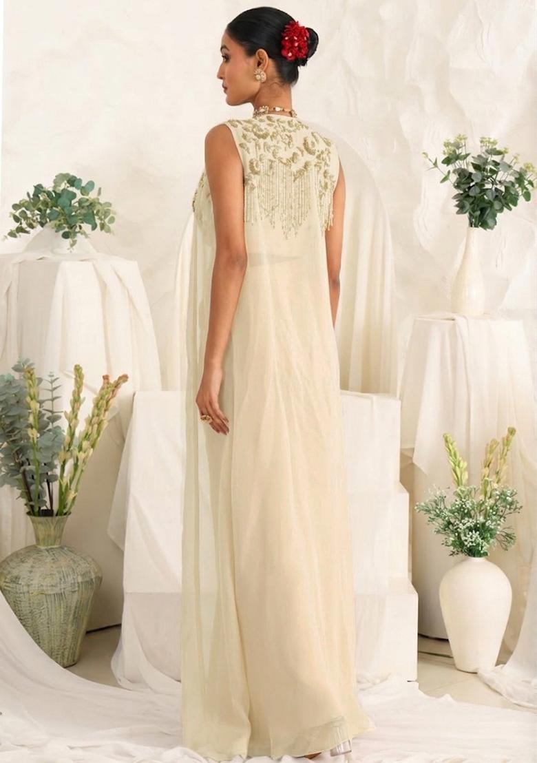 Ivory Georgette Handwork Fusion Set - Indya