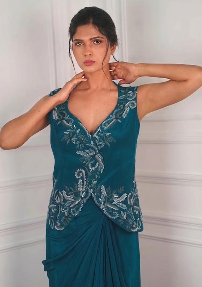 Teal Blue Satin Handwork Fusion Set - Indya