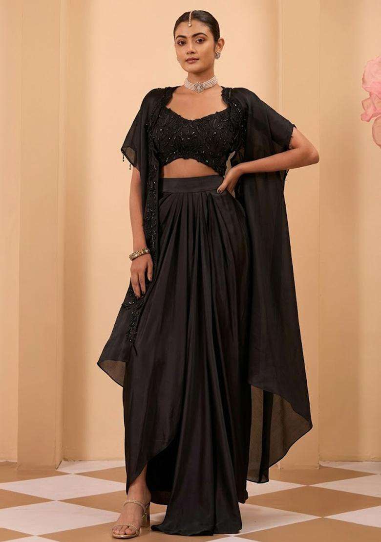 Black Satin Handwork Fusion Set - Indya