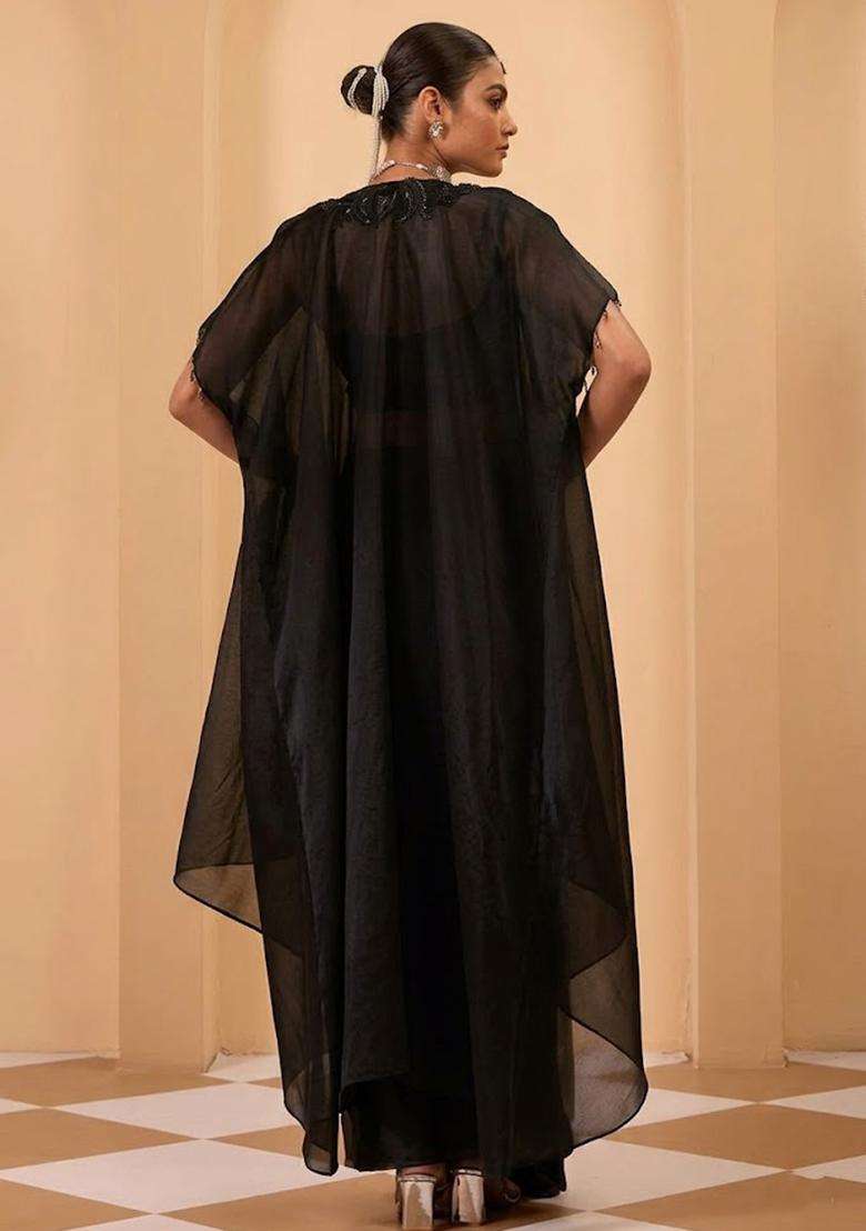 Black Satin Handwork Fusion Set - Indya