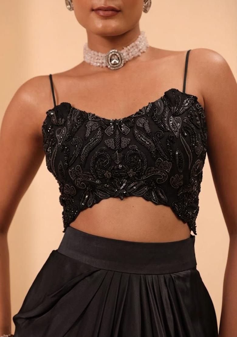 Black Satin Handwork Fusion Set - Indya