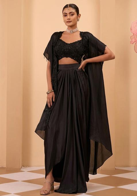 Black Satin Handwork Fusion Set