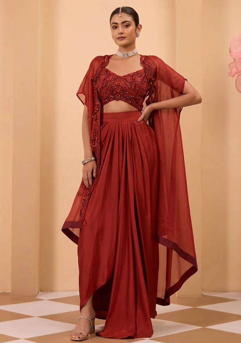 Red Satin Handwork Fusion Set - Indya