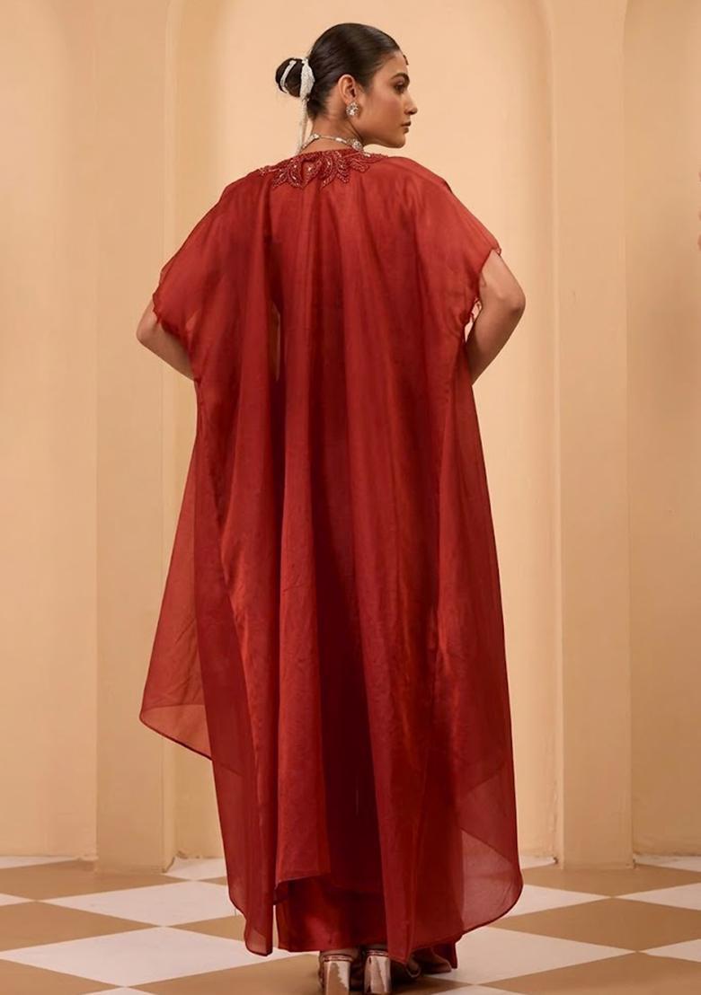 Red Satin Handwork Fusion Set - Indya