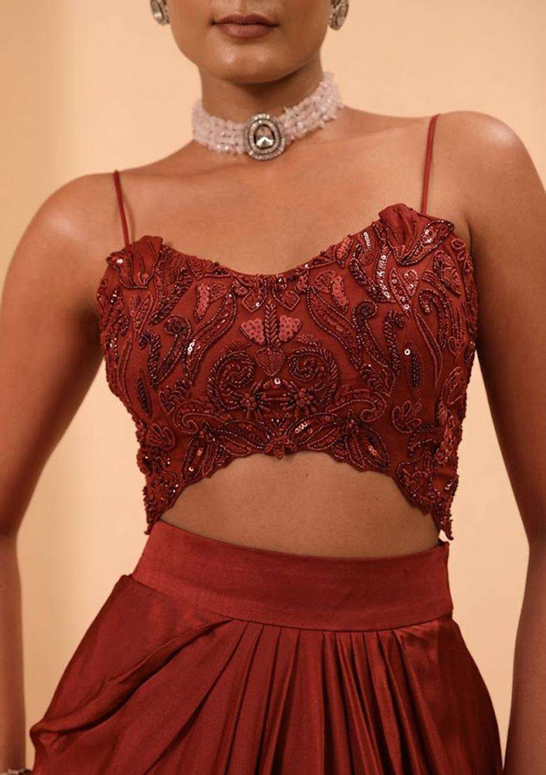 Red Satin Handwork Fusion Set - Indya