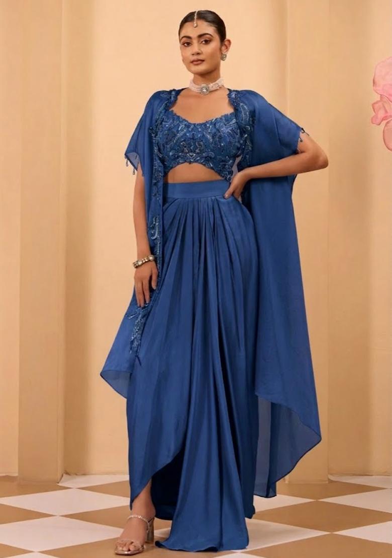 Blue Satin Handwork Fusion Set - Indya