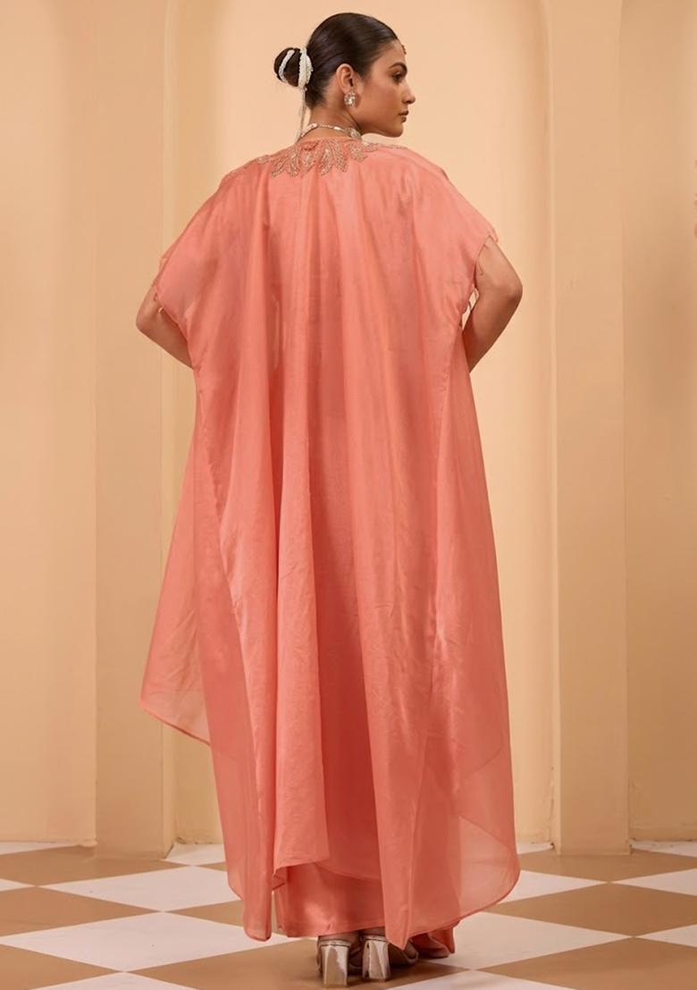 Peach Satin Handwork Fusion Set - Indya