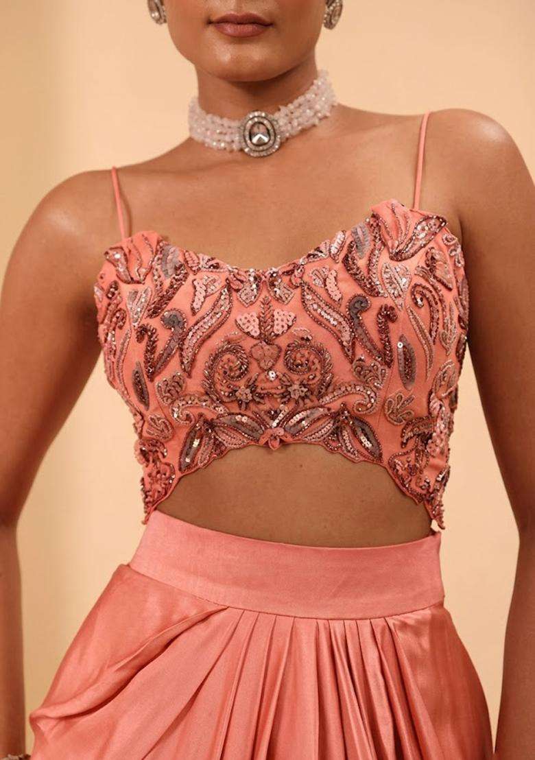 Peach Satin Handwork Fusion Set - Indya