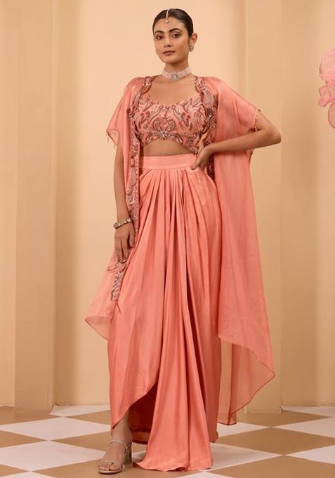Peach Satin Handwork Fusion Set