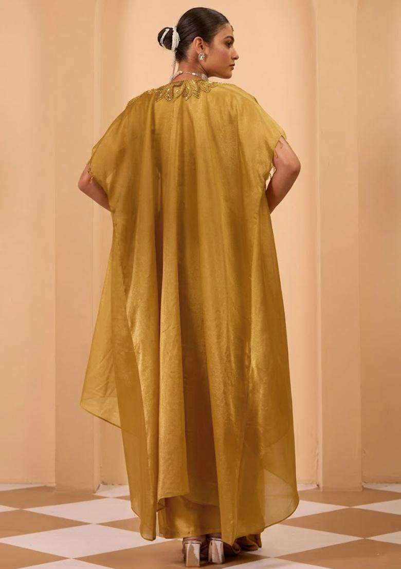 Mustard Satin Handwork Fusion Set - Indya