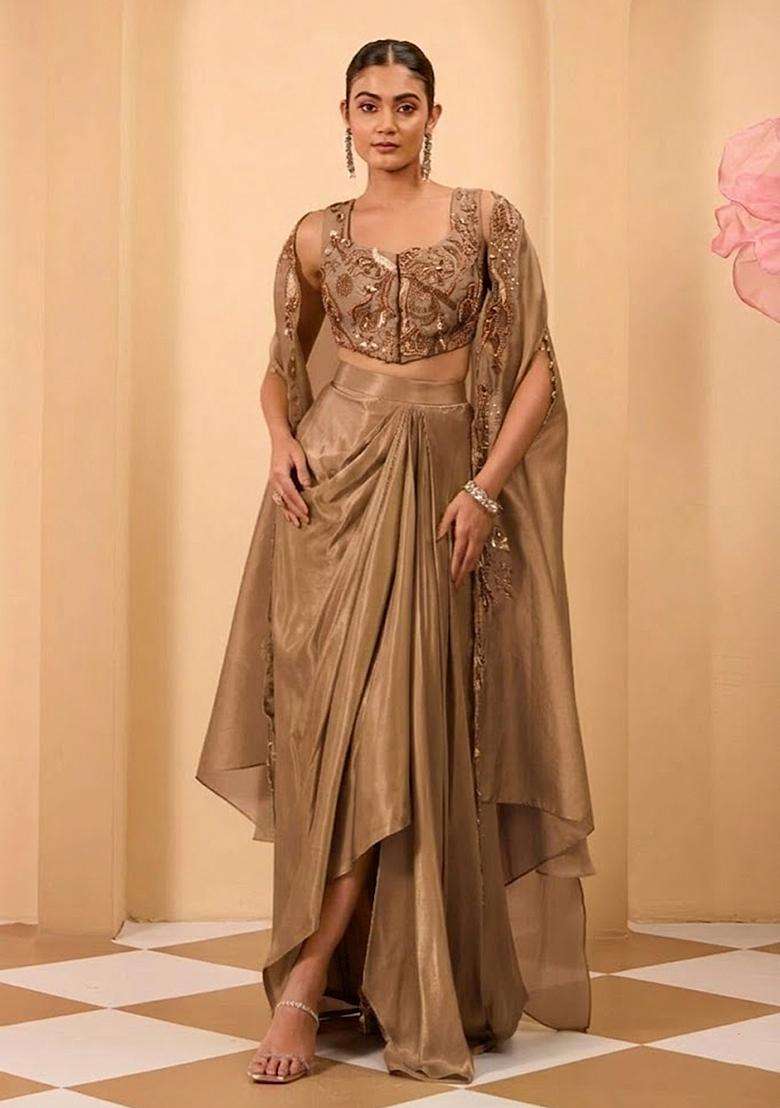 Coffee Brown Crepe Handwork Fusion Set - Indya