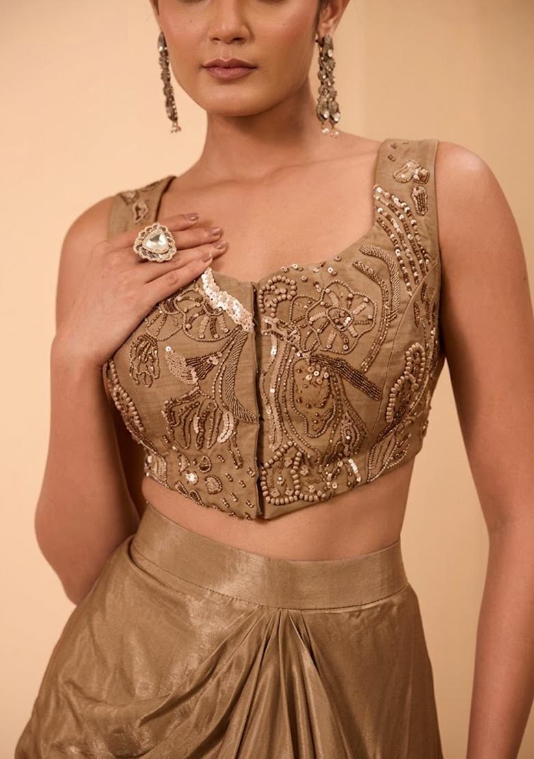 Coffee Brown Crepe Handwork Fusion Set - Indya