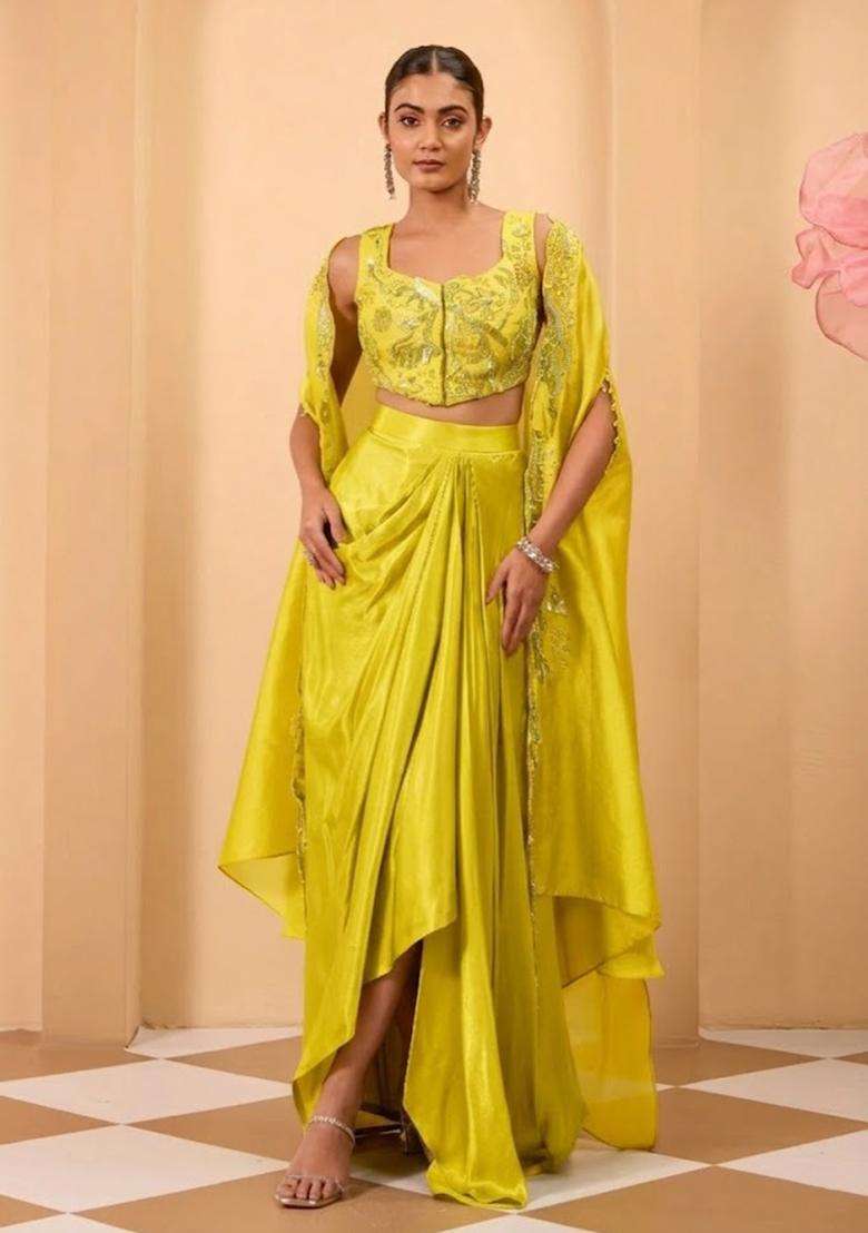 Yellow Crepe Handwork Fusion Set - Indya
