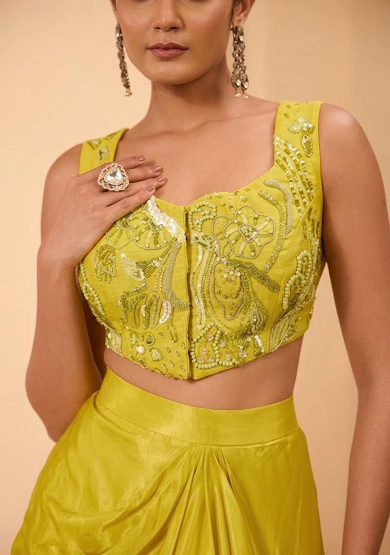 Yellow Crepe Handwork Fusion Set - Indya