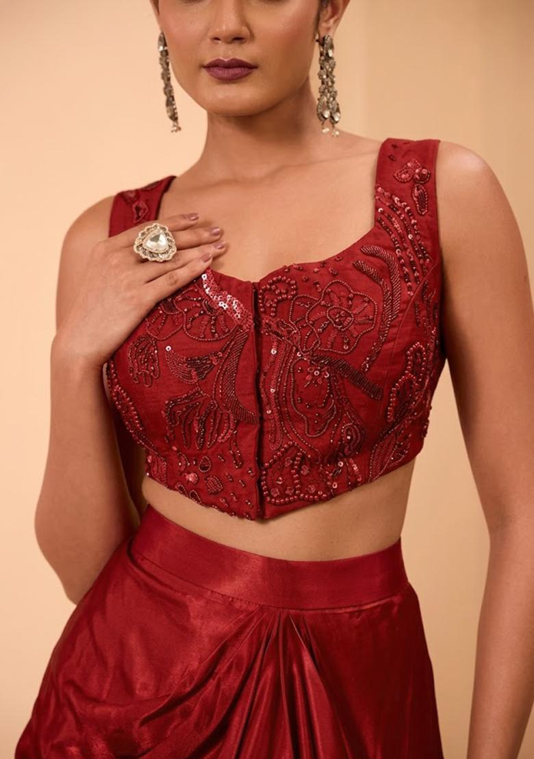 Red Crepe Handwork Fusion Set - Indya