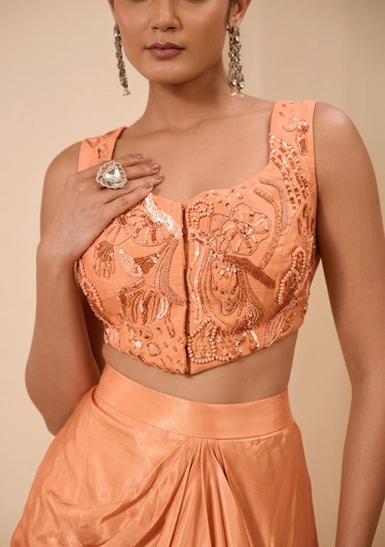 Peach Crepe Handwork Fusion Set - Indya