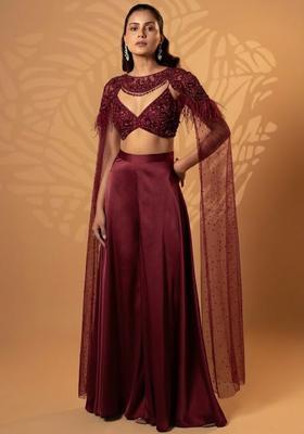 Wine Red Satin Handwork Lehenga Set