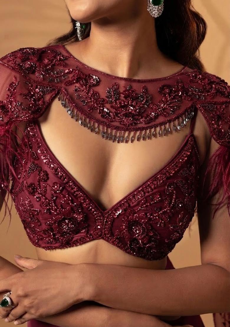 Wine Red Satin Handwork Lehenga Set - Indya