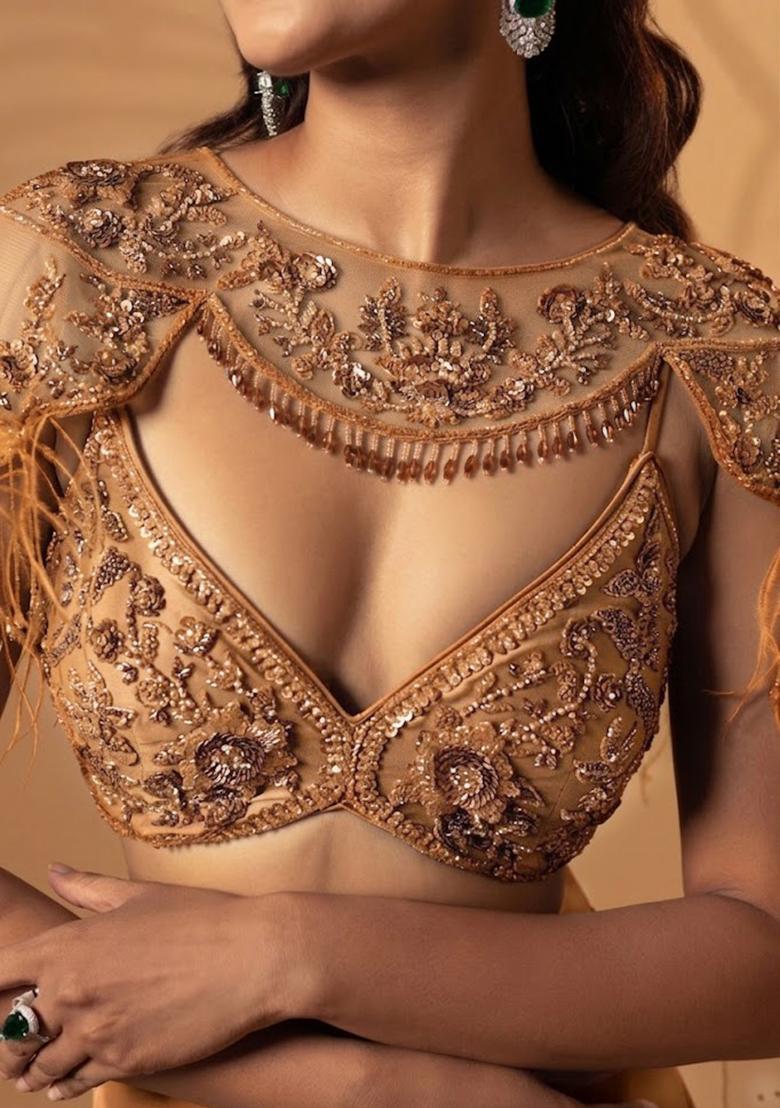 Beige Satin Handwork Lehenga Set - Indya