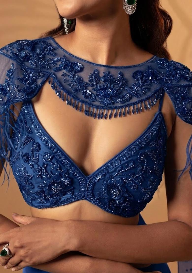 Deep Blue Satin Handwork Lehenga Set - Indya