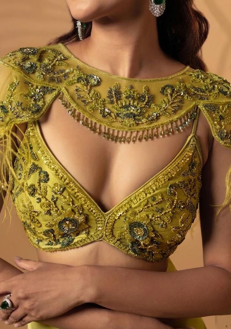 Olive Green Satin Handwork Lehenga Set - Indya