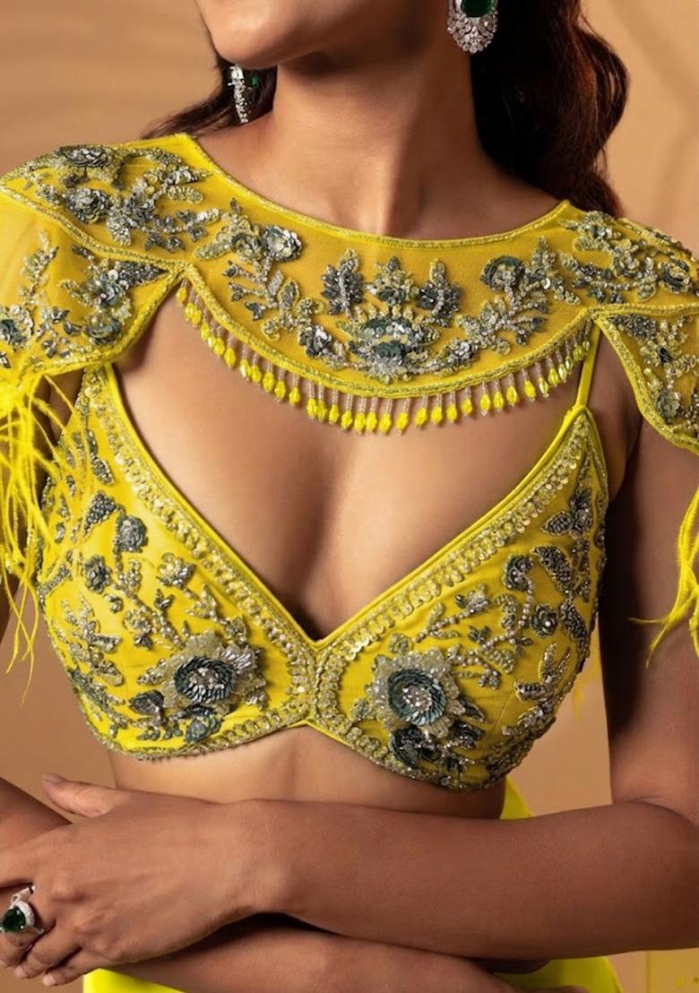 Yellow Satin Handwork Lehenga Set - Indya
