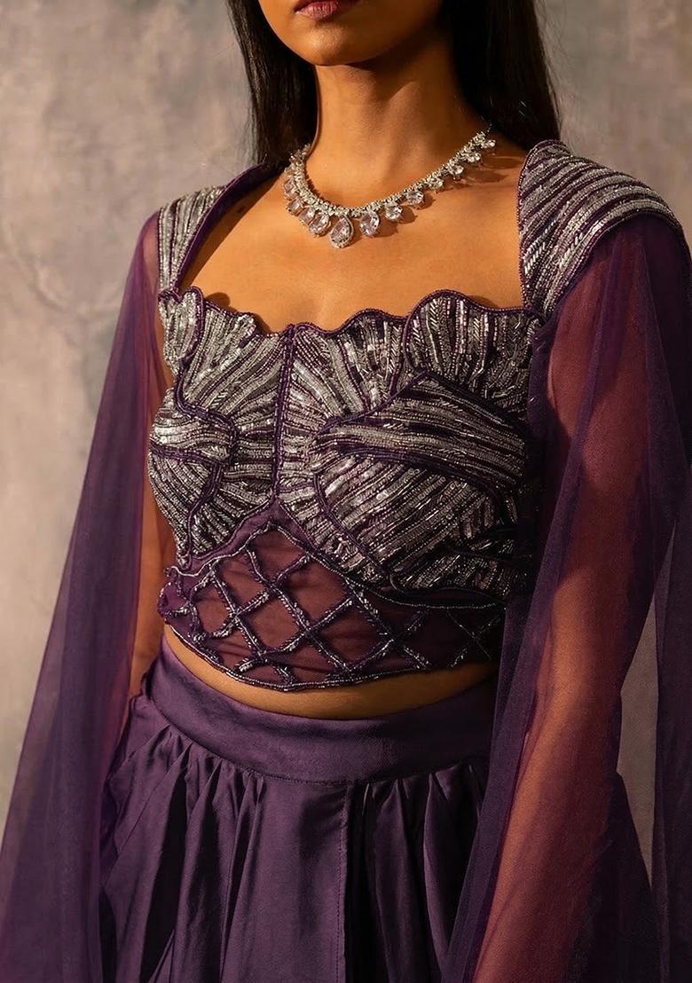 Deep Purple Crepe Handwork Fusion Set - Indya