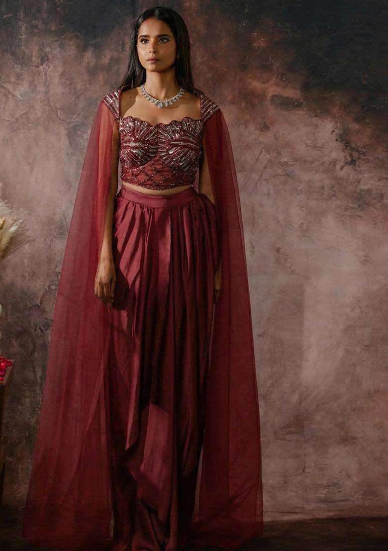 Red Wine Crepe Handwork Fusion Set - Indya