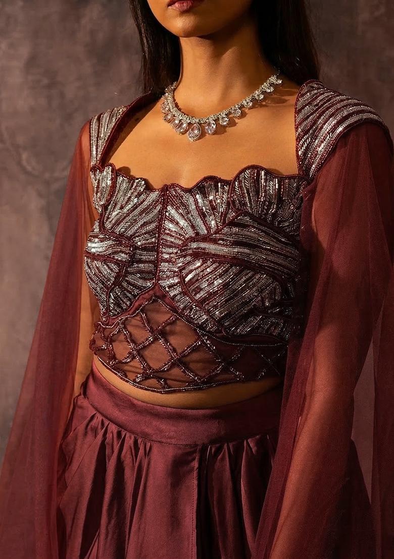 Red Wine Crepe Handwork Fusion Set - Indya