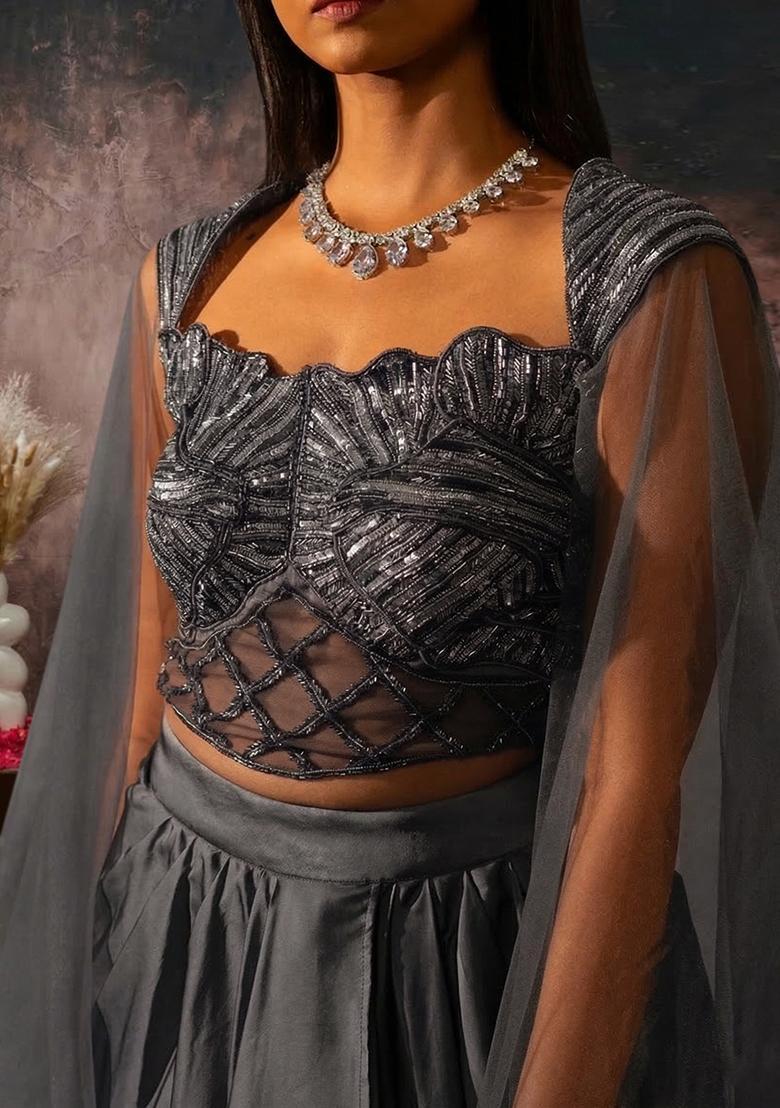 Grey Crepe Handwork Fusion Set - Indya