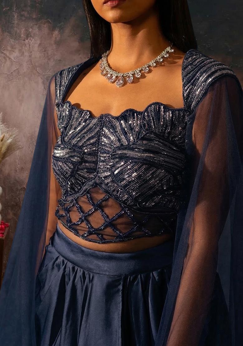 Deep Pastel Blue Crepe Handwork Fusion Set - Indya
