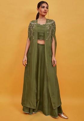 Olive Green Crepe Handwork Lehenga Set