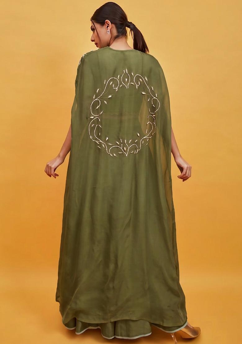 Olive Green Crepe Handwork Lehenga Set - Indya