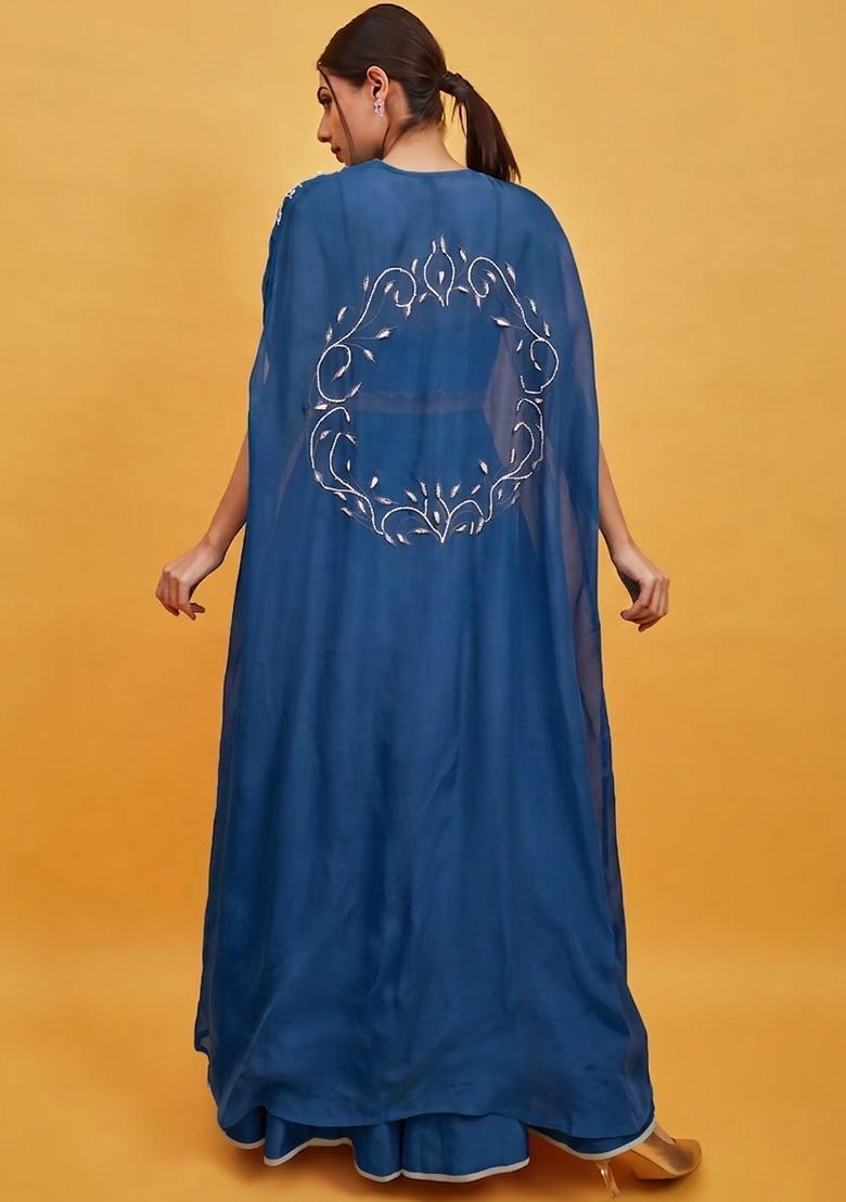 Dark Blue Crepe Handwork Lehenga Set - Indya