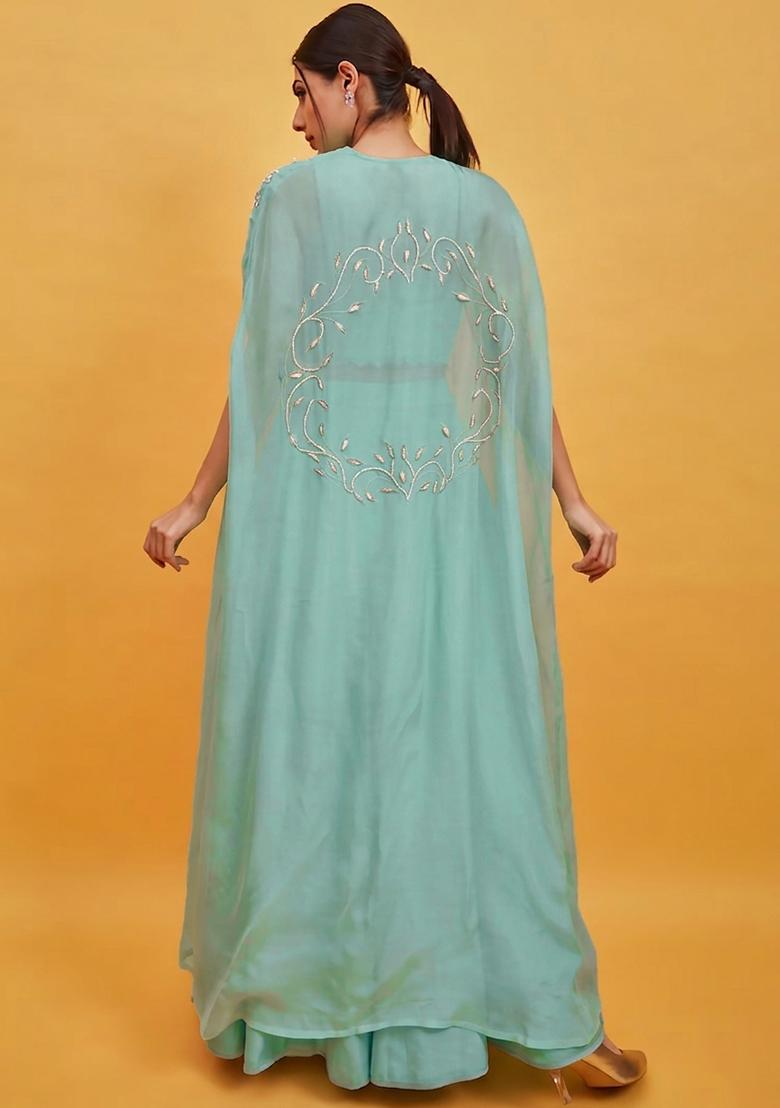 Sky Blue Crepe Handwork Lehenga Set - Indya