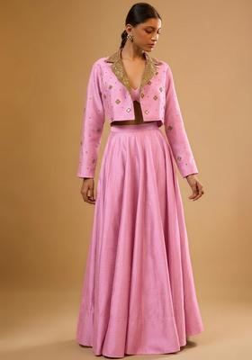 Baby Pink Silk Blend Handwork Lehenga Set