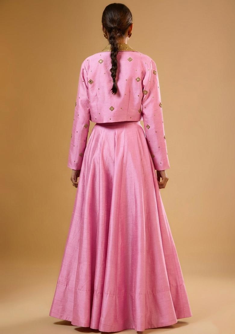 Baby Pink Silk Blend Handwork Lehenga Set - Indya