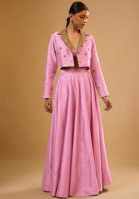Baby Pink Silk Blend Handwork Lehenga Set