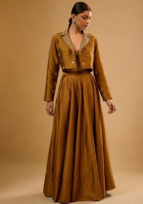 Olive Brown Silk Blend Handwork Lehenga Set