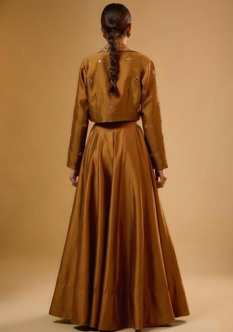 Olive Brown Silk Blend Handwork Lehenga Set - Indya