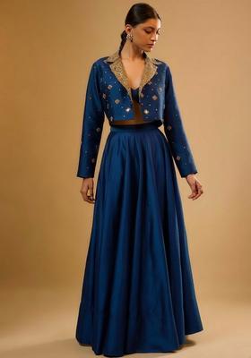 Deep Blue Silk Blend Handwork Lehenga Set