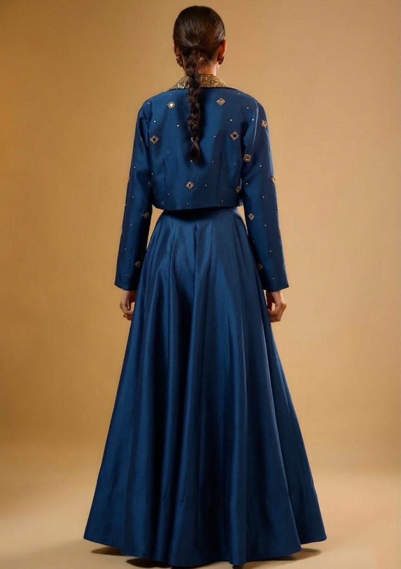Deep Blue Silk Blend Handwork Lehenga Set - Indya