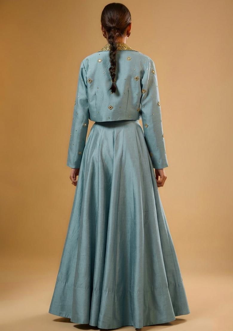 Pastel Blue Silk Blend Handwork Lehenga Set - Indya